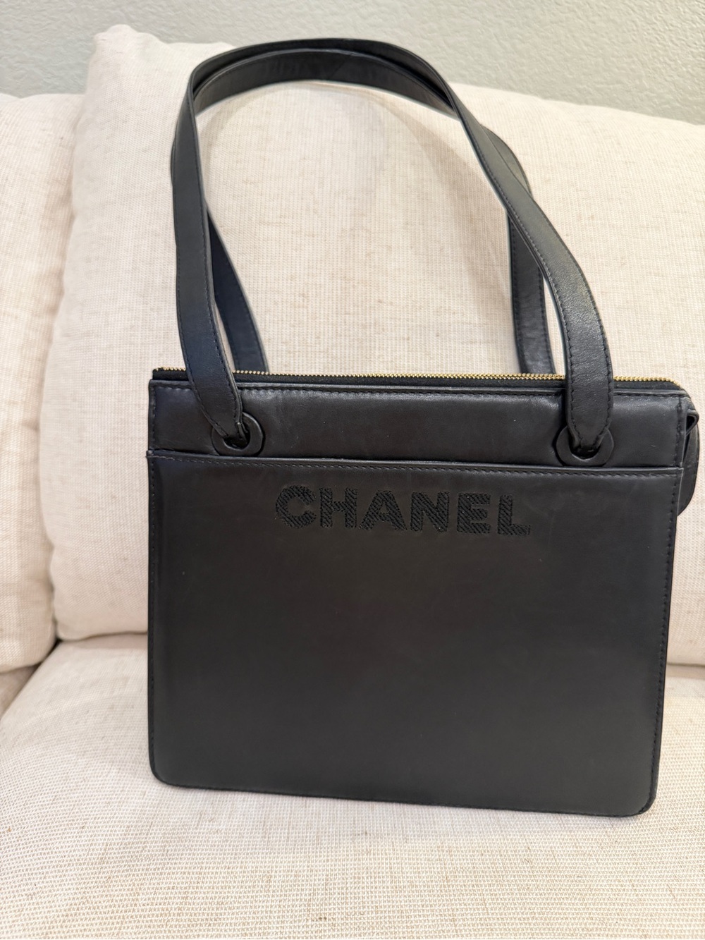 Authentic Vintage Chanel 1997-99 Black Leather Embroidered Logo Tote